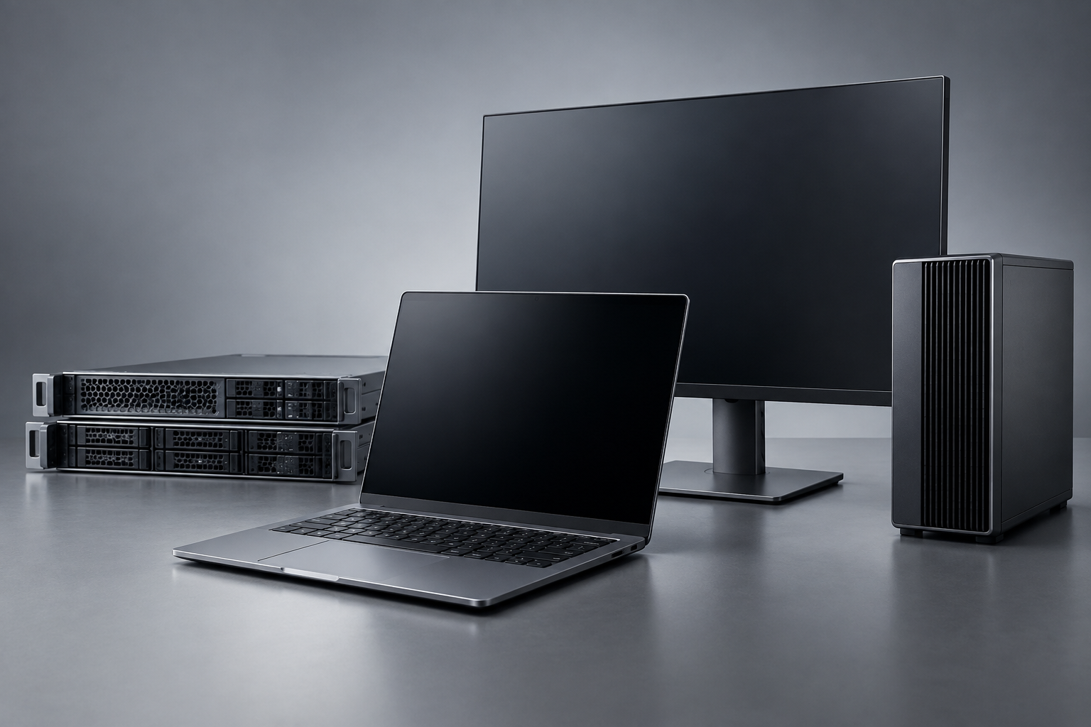 Illustrative studio arrangement of a business laptop, monitor, desktop and server equipment